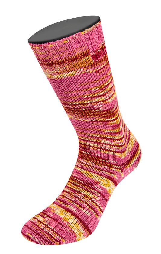 Lana Grossa COOL WOOL 4 SOCKS PRINT III 7201, Farbe Pink/Weinrot/Ecru/Gelb/Camel